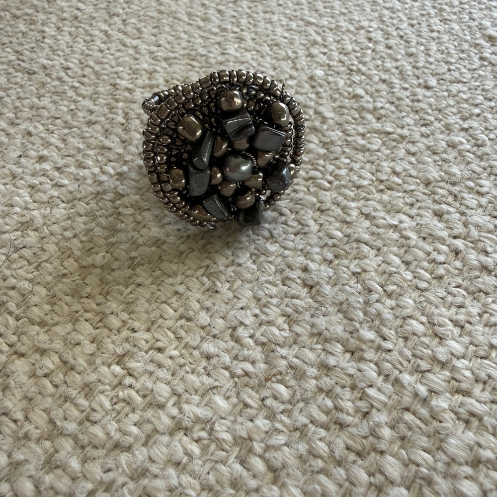 Beaded Statement Silver Metallic Ring - image 3